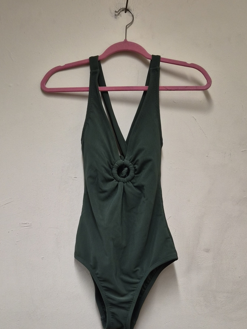 Shade & Shore Dark Green Ribbed One-Piece Swimsuit with Front Ring Size XS